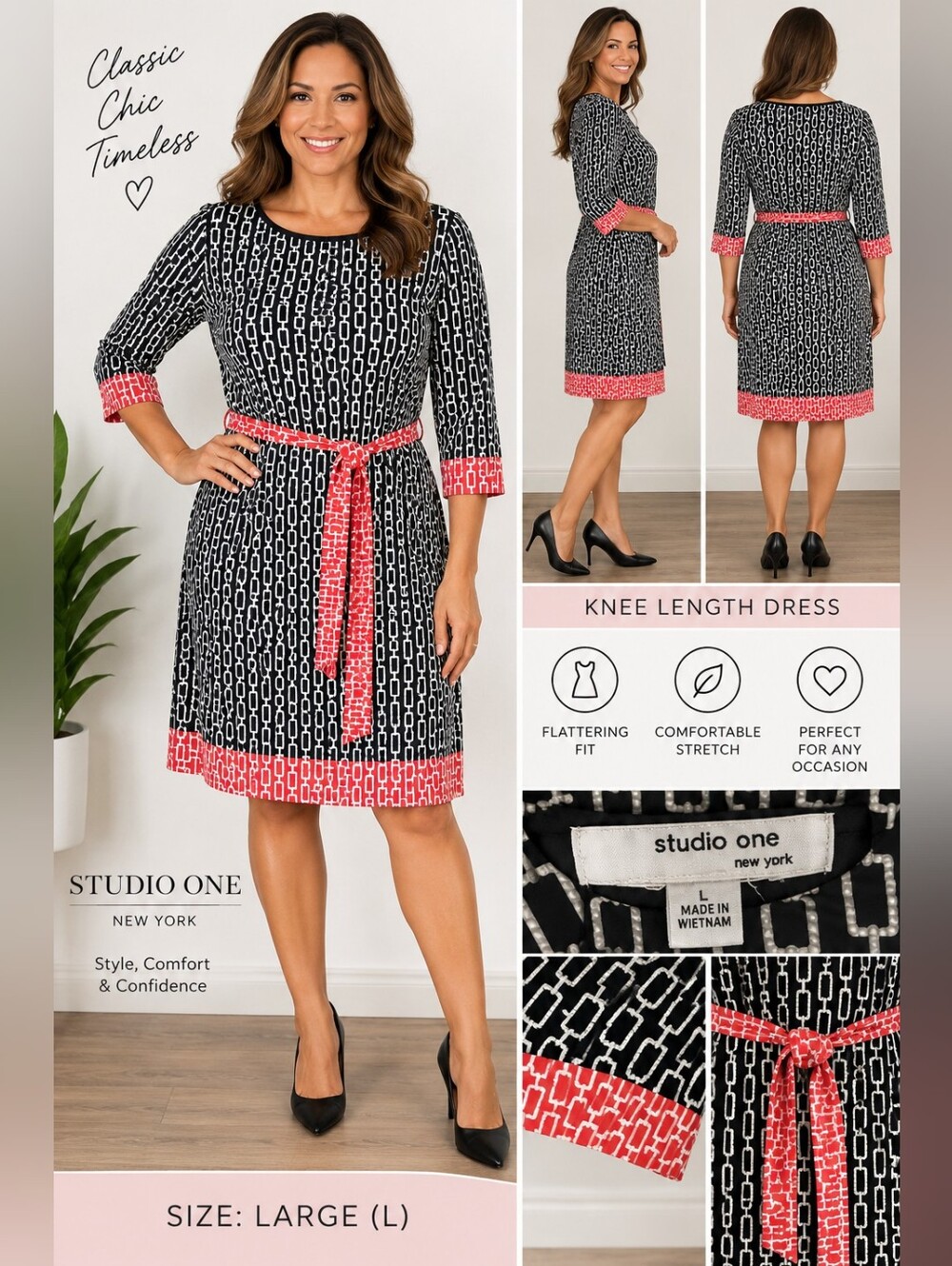 Studio I Navy Geometric Long Sleeve Dress with Coral Trim